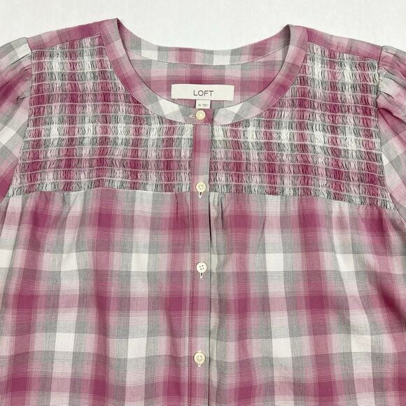 NEW Loft Pink Gray Plaid Smocked Button Front Long Sleeve Top Women’s XL - Picture 3 of 9